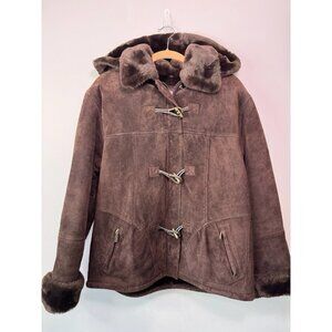 VTG Guess Women Brown Suede Leather Jacket Toggle Faux Fur Collar Hood M